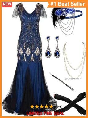 Plus Size 1920s Flapper Sequin Maxi Cocktail Dress with Accessories